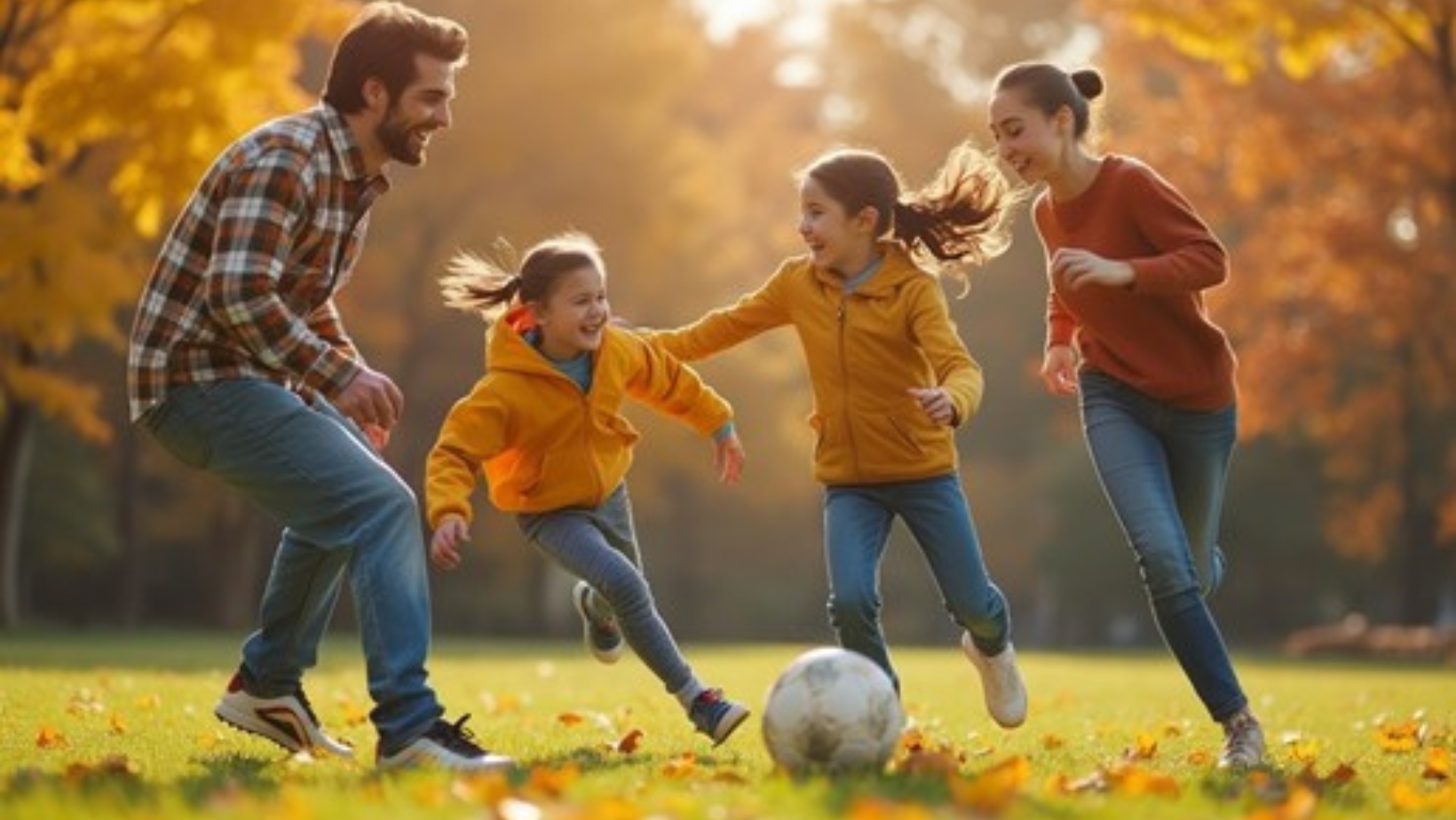 Family playing soccer together